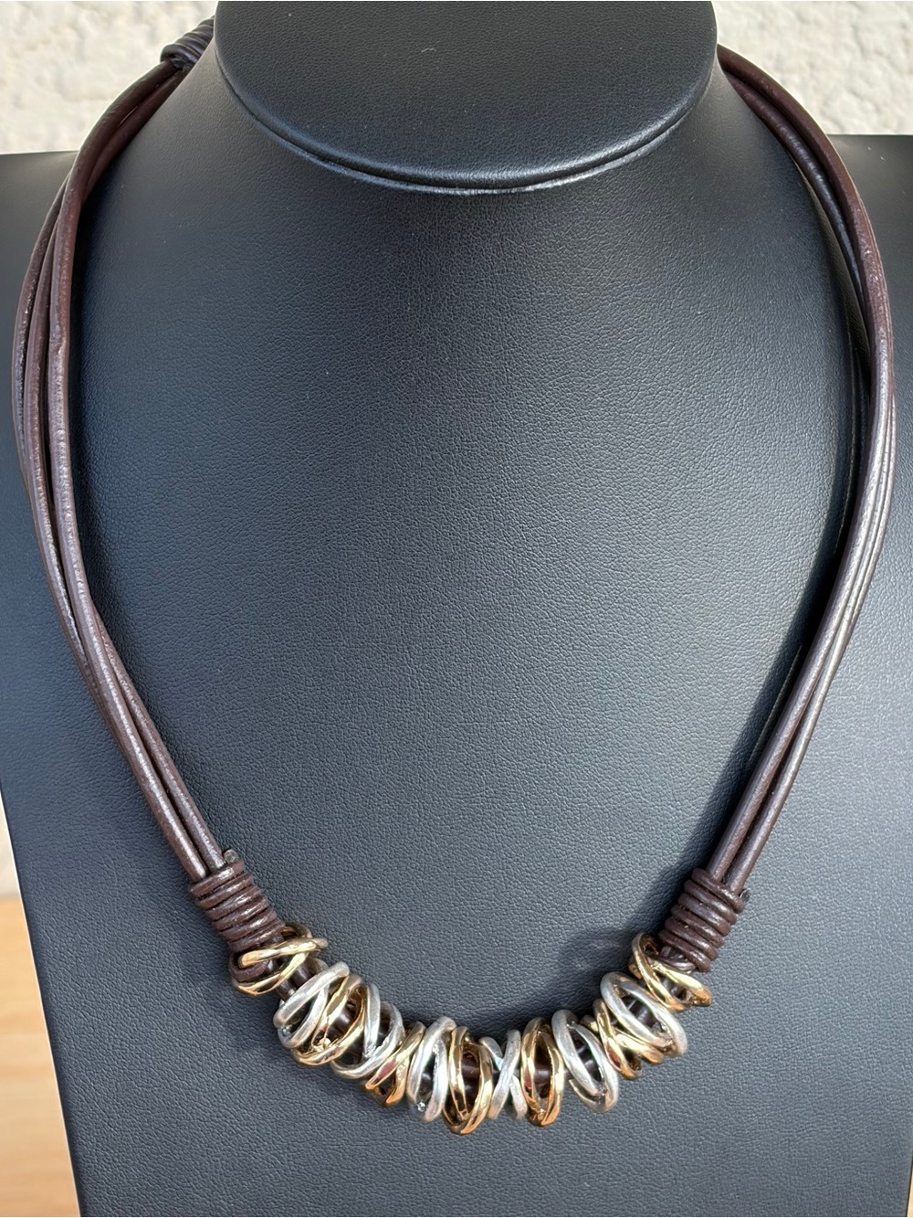 RLM Brown Leather Multi-Cord Mixed Metal Statement Necklace